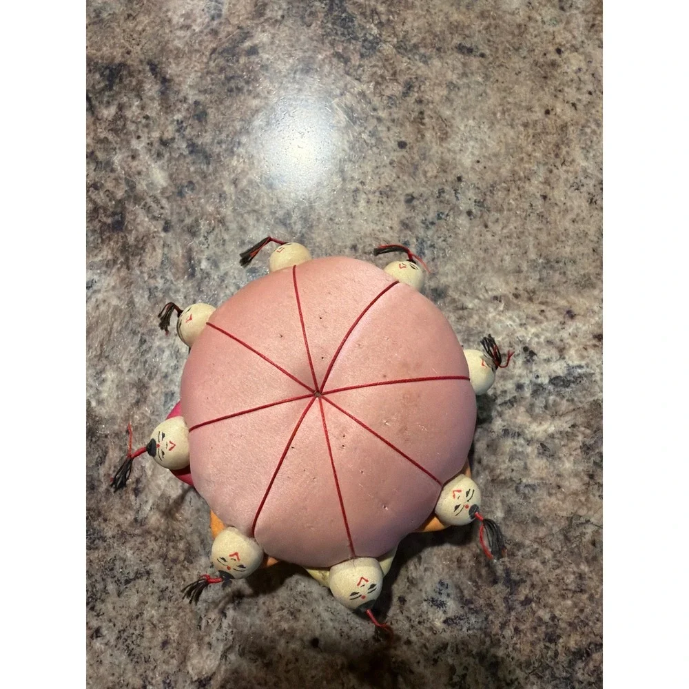 Vintage Chinese Silk Pincushion 8 Children Dolls Hand Painted Wood Heads Pink